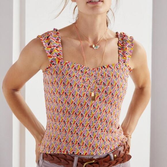 Anthropologie Tops - NWT Anthropologie Maeve Kaleidoscope Smocked Tank Top Ruched Boho Blouse Large
